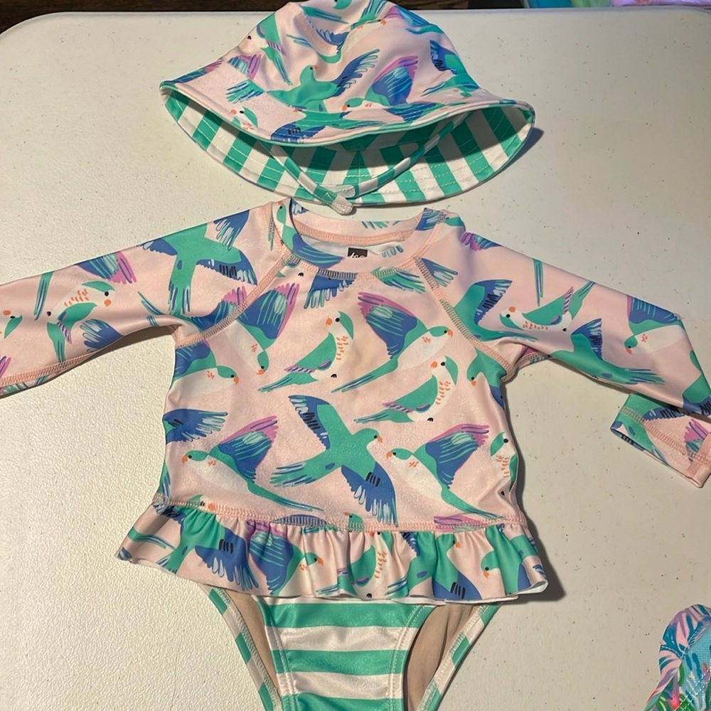 Tea collection swim set- top, bottom and hat 6-9 mo